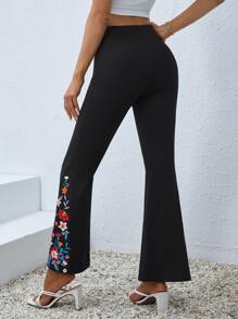 SHEIN Clasi Floral Print Flare Leg Trousers - Black - View 2