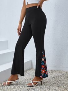 SHEIN Clasi Floral Print Flare Leg Trousers - Black - View 4