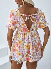 SHEIN VCAY Floral Print Tie Back Blouse - Multicolor - View 1