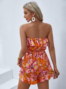 SHEIN VCAY Floral Print Ruffle Trim Tube Romper - Multicolor - View 3