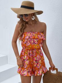 SHEIN VCAY Floral Print Ruffle Trim Tube Romper - Multicolor - View 4