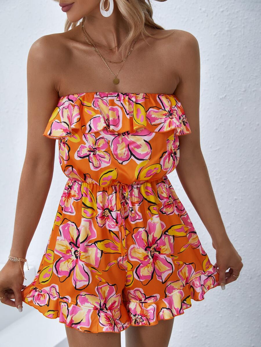 SHEIN VCAY Floral Print Ruffle Trim Tube Romper - Multicolor - View 1
