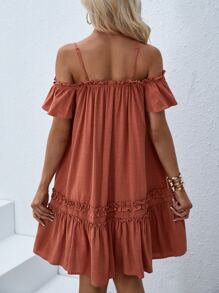 SHEIN VCAY Solid Frill Trim Tie Neck Dress - Redwood - View 3