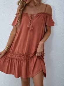 SHEIN VCAY Solid Frill Trim Tie Neck Dress - Redwood - View 4