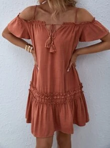 SHEIN VCAY Solid Frill Trim Tie Neck Dress - Redwood - View 5