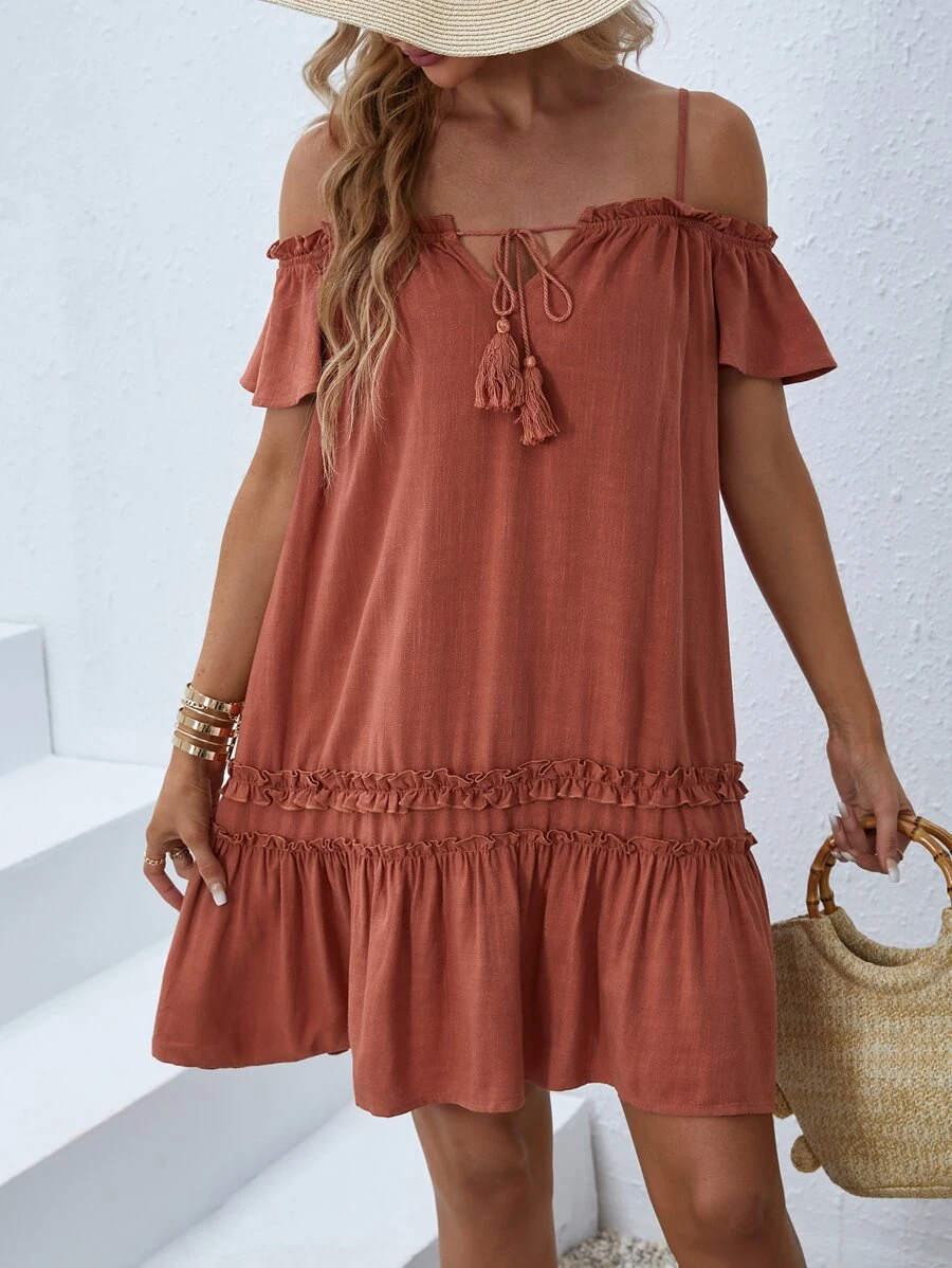 SHEIN VCAY Solid Frill Trim Tie Neck Dress - Redwood - View 1