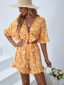 SHEIN VCAY Floral Print Tie Front Crop Top & Shorts - Multicolor - View 5