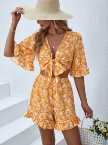 SHEIN VCAY Floral Print Tie Front Crop Top & Shorts - Multicolor - View 6