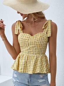 Soleia Top de guingán de hombros con cordón peplum ancho tirantes - Multicolor - Ver 4