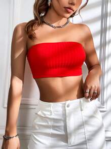 SHEIN EZwear Solid Crop Tube Top - Red - View 1