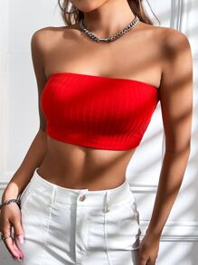 SHEIN EZwear Solid Crop Tube Top - Red - View 3