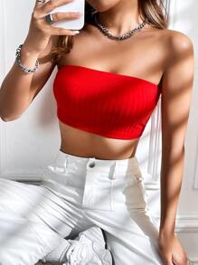 SHEIN EZwear Solid Crop Tube Top - Red - View 4