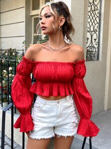 SHEIN VCAY Off Shoulder Flounce Sleeve Crop Peplum Blouse - Red - View 1