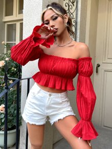 SHEIN VCAY Off Shoulder Flounce Sleeve Crop Peplum Blouse - Red - View 5