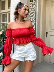 SHEIN VCAY Off Shoulder Flounce Sleeve Crop Peplum Blouse - Red - View 6