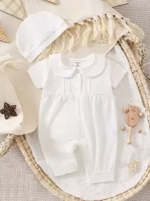 SHEIN Baby Girl Peter Pan Collar Button Front Jumpsuit & Accessory Hat - White - View 1
