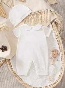 SHEIN Baby Girl Peter Pan Collar Button Front Jumpsuit & Accessory Hat - White - View 2