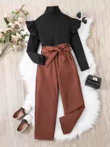 Chicas Camiseta ribete con fruncido de cuello cisne & Pantalones de cintura con volante - Multicolor - Ver 1