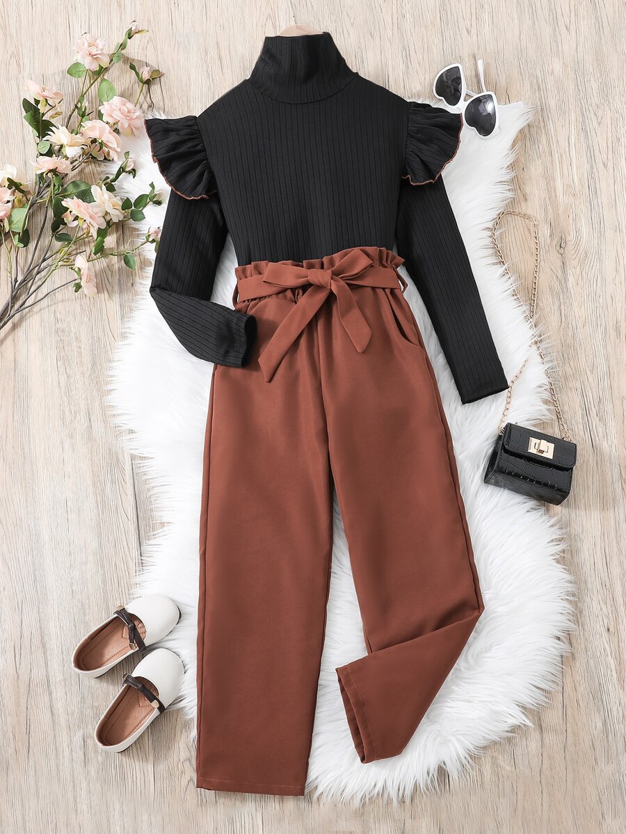 Chicas Camiseta ribete con fruncido de cuello cisne & Pantalones de cintura con volante - Multicolor - Ver 1