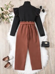 Chicas Camiseta ribete con fruncido de cuello cisne & Pantalones de cintura con volante - Multicolor - Ver 2