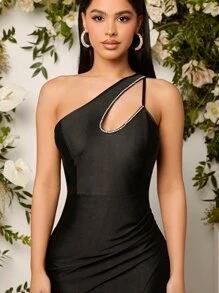 SHEIN Belle Vestido elegante de noche para fiesta de graduación, cena o baile de graduación, con cuello asimétrico, abertura en el muslo, decoración de cristales cosida a mano y ajuste ceñido, color negro - Negro - Ver 5