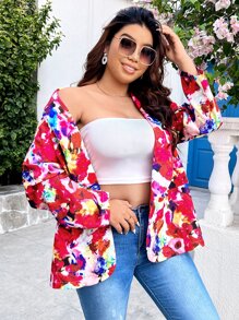 SHEIN LUNE Plus Floral Print Shawl Neck Blazer - Multicolor - View 5