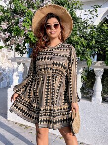 SHEIN Holidaya Plus Geo Print Lantern Sleeve Dress - Multicolor - View 2