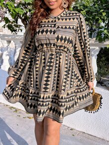 SHEIN Holidaya Plus Geo Print Lantern Sleeve Dress - Multicolor - View 1