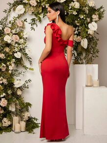 SHEIN Belle Ruffle Trim Asymmetrical Neck Dress - Red - View 2