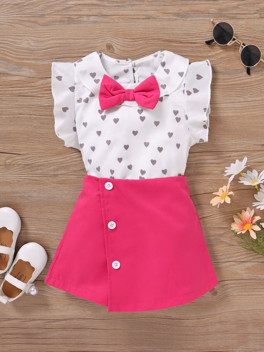 SHEIN Toddler Girls Heart Print Bow Front Ruffle Trim Top & Asymmetrical Hem Skort - Multicolor - View 1