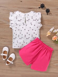 SHEIN Toddler Girls Heart Print Bow Front Ruffle Trim Top & Asymmetrical Hem Skort - Multicolor - View 2