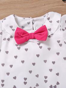 SHEIN Toddler Girls Heart Print Bow Front Ruffle Trim Top & Asymmetrical Hem Skort - Multicolor - View 3