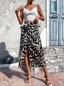 EMERY ROSE 滿版印花前繫帶高衩半身裙 - 黑色 - 查看 5