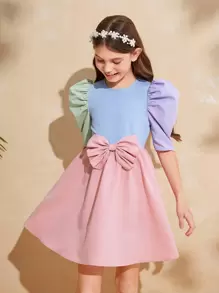 SHEIN Đầm Gái Dây kéo Nơ trước Khối Màu Giải trí - Nhiều màu - Xem 1