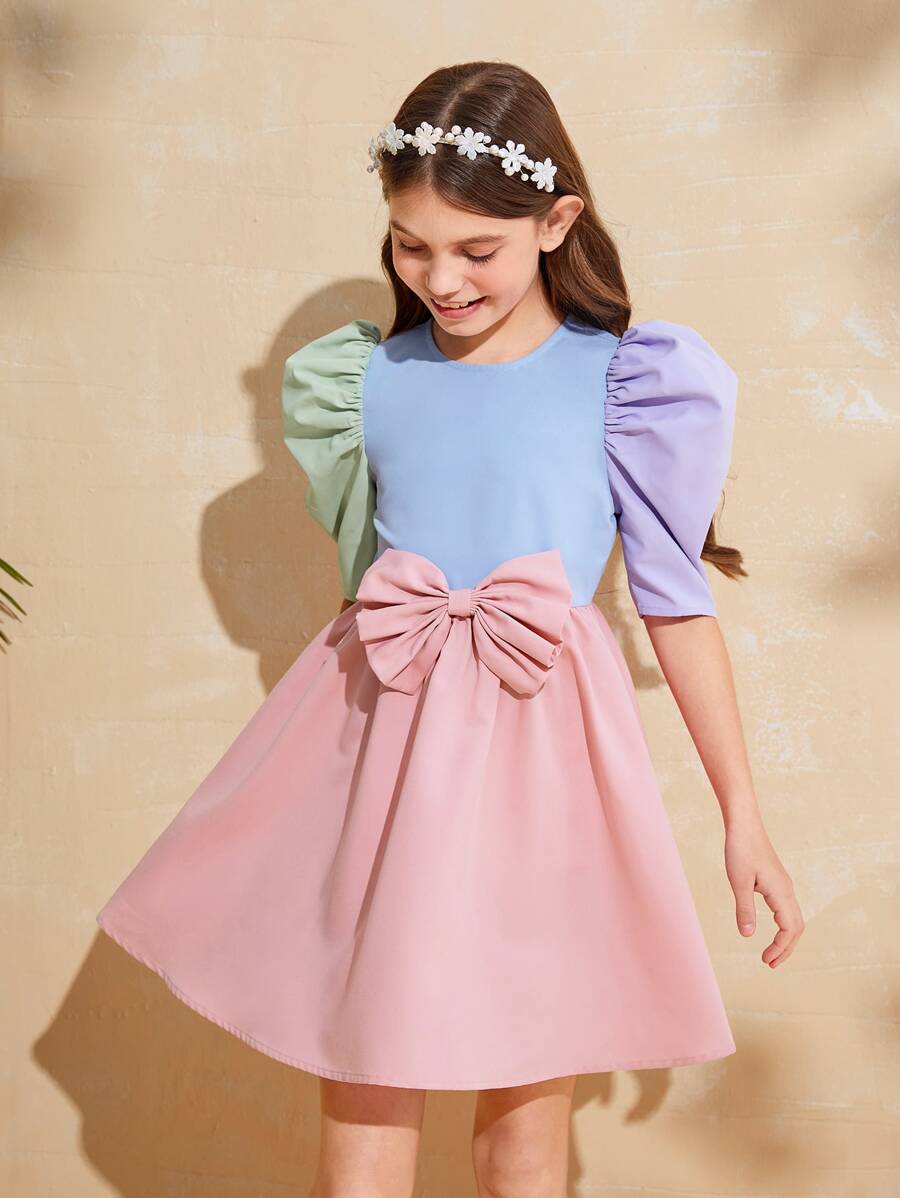 SHEIN Đầm Gái Dây kéo Nơ trước Khối Màu Giải trí - Nhiều màu - Xem 1