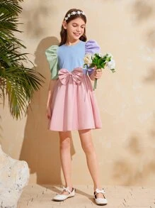 SHEIN Đầm Gái Dây kéo Nơ trước Khối Màu Giải trí - Nhiều màu - Xem 3