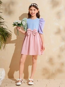 SHEIN Đầm Gái Dây kéo Nơ trước Khối Màu Giải trí - Nhiều màu - Xem 5