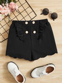 SHEIN Chicas Shorts ribete con fruncido con botón falso ribete en abanico - Negro - Ver 1