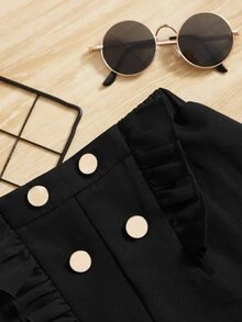 SHEIN Chicas Shorts ribete con fruncido con botón falso ribete en abanico - Negro - Ver 3