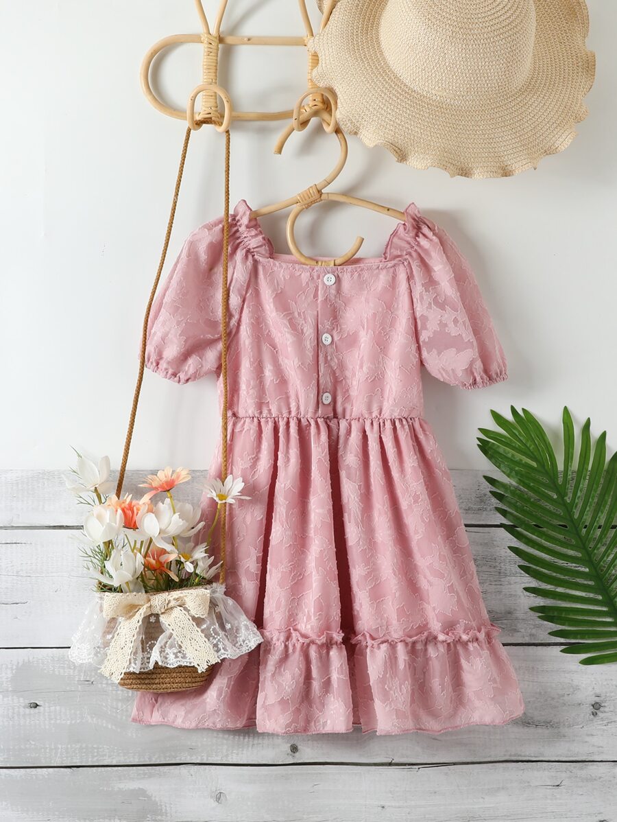 Niñas Vestido con botón delantero bajo con fruncido - Rosa - Ver 1