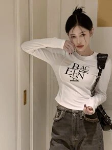 Camiseta de manga larga con cuello redondo, top básico de corte slim, ligera para primavera y otoño, estilo coreano para mujer - Blanco - Ver 1