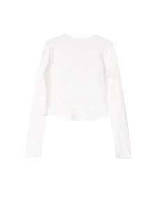 Camiseta de manga larga con cuello redondo, top básico de corte slim, ligera para primavera y otoño, estilo coreano para mujer - Blanco - Ver 3