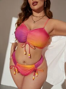 SHEIN Swim Curve 加大尺碼漸變色拉繩前扣比基尼套裝，夏日沙灘必備 - 彩色 - 查看 4