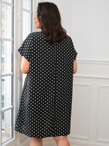 EMERY ROSE 大碼波卡圓點蝙蝠袖連衣裙 - 黑與白 - 查看 2