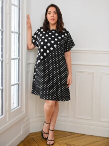 EMERY ROSE 大碼波卡圓點蝙蝠袖連衣裙 - 黑與白 - 查看 3