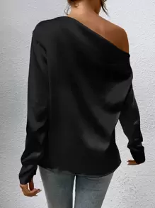 SHEIN BAE Áo sơ mi nữ Bất đối xứng Xù màu trơn Thanh lịch - màu đen - Xem 2