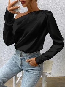 SHEIN BAE Áo sơ mi nữ Bất đối xứng Xù màu trơn Thanh lịch - màu đen - Xem 4