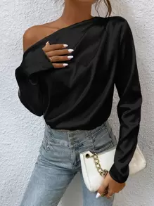 SHEIN BAE Áo sơ mi nữ Bất đối xứng Xù màu trơn Thanh lịch - màu đen - Xem 6