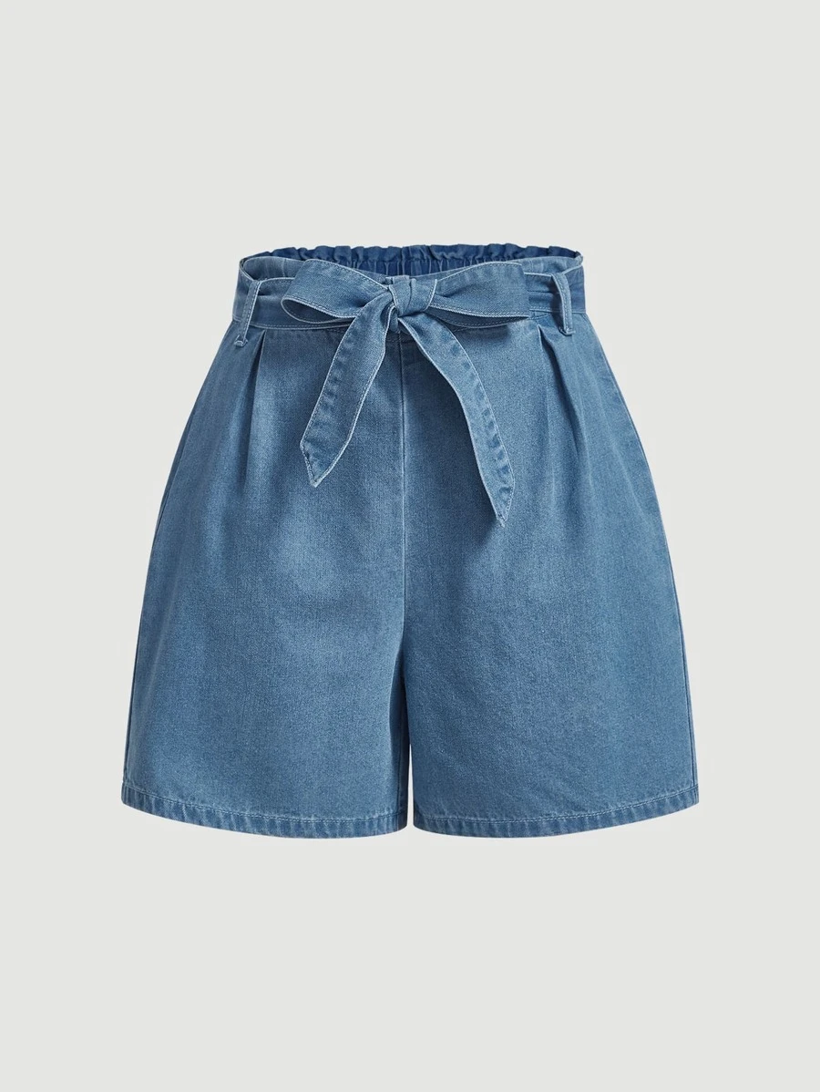 SHEIN MOD 紙袋腰腰帶牛仔短褲 - 中等水洗藍 - 查看 1