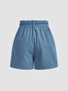 SHEIN MOD 紙袋腰腰帶牛仔短褲 - 中等水洗藍 - 查看 2